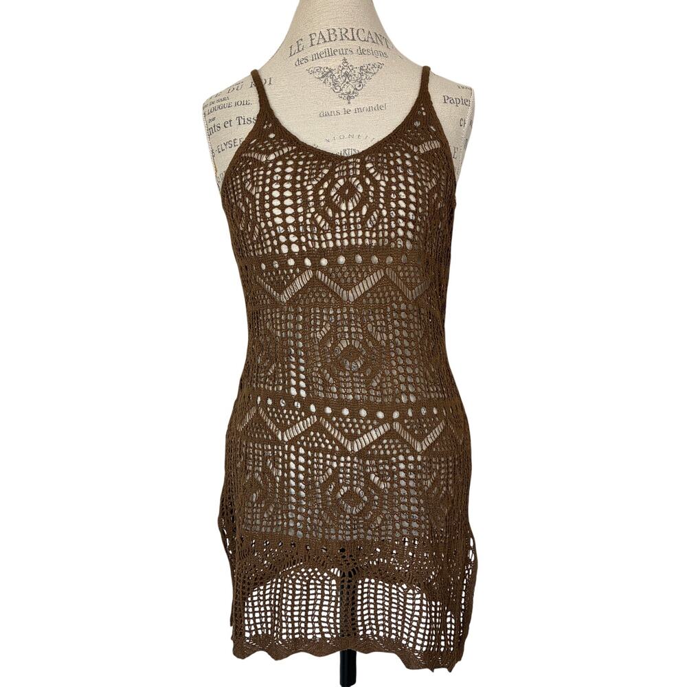 Crochet Brown Mini Open-weave Thin Strap Sheer Dress Size S